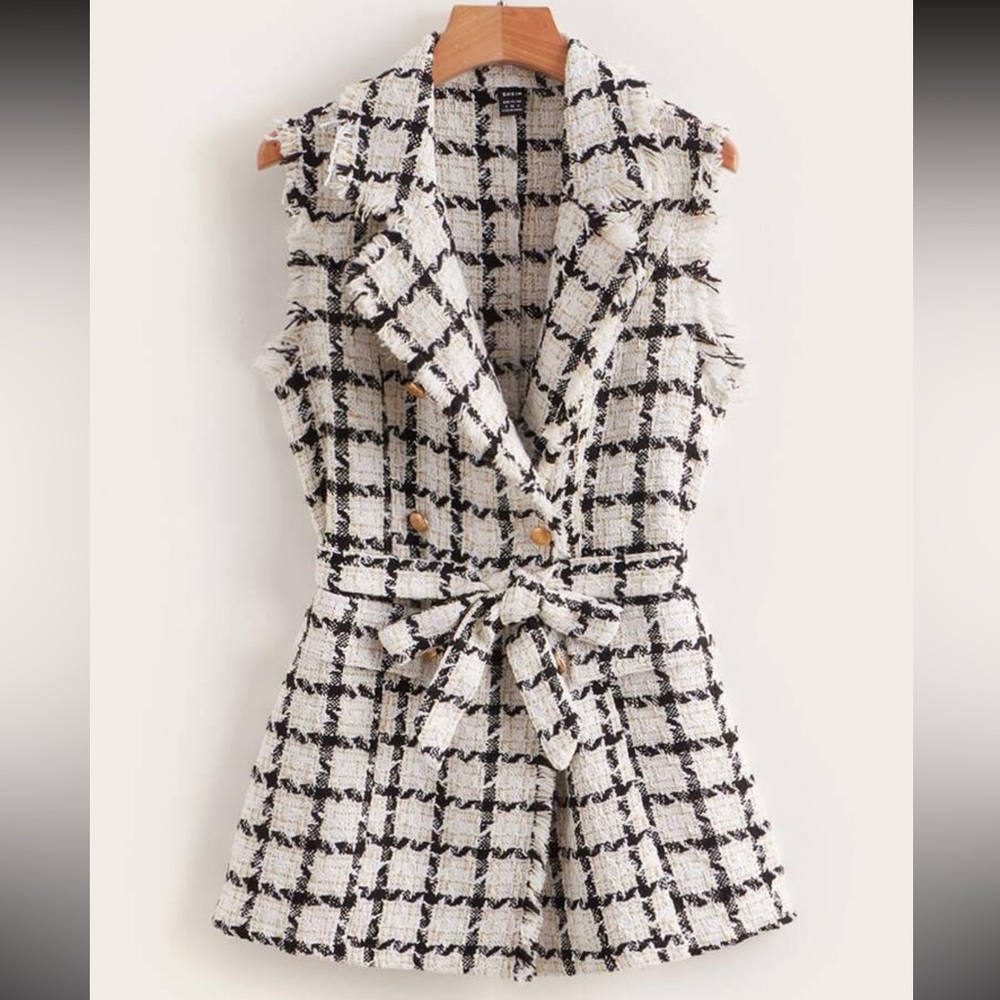 SHEIN Clasi Plaid Pattern Raw Trim Belted Tweed Vest Overcoat - Size Large